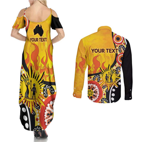 Australia Bushfire Aboriginal Personalised Couples Matching Summer Maxi Dress and Long Sleeve Button Shirt Bush Fire Dreaming - Aussie Hoodie
