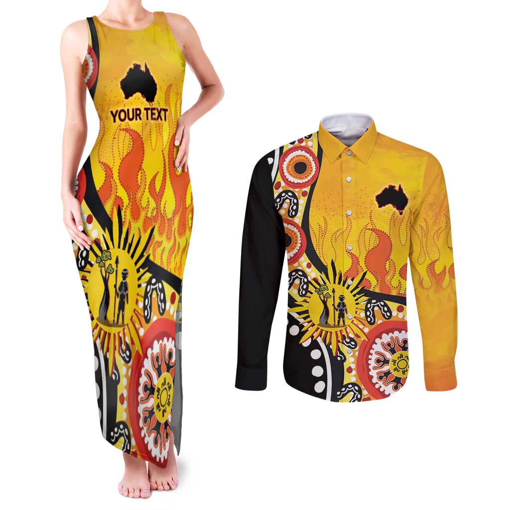 Australia Bushfire Aboriginal Personalised Couples Matching Tank Maxi Dress and Long Sleeve Button Shirt Bush Fire Dreaming - Aussie Hoodie