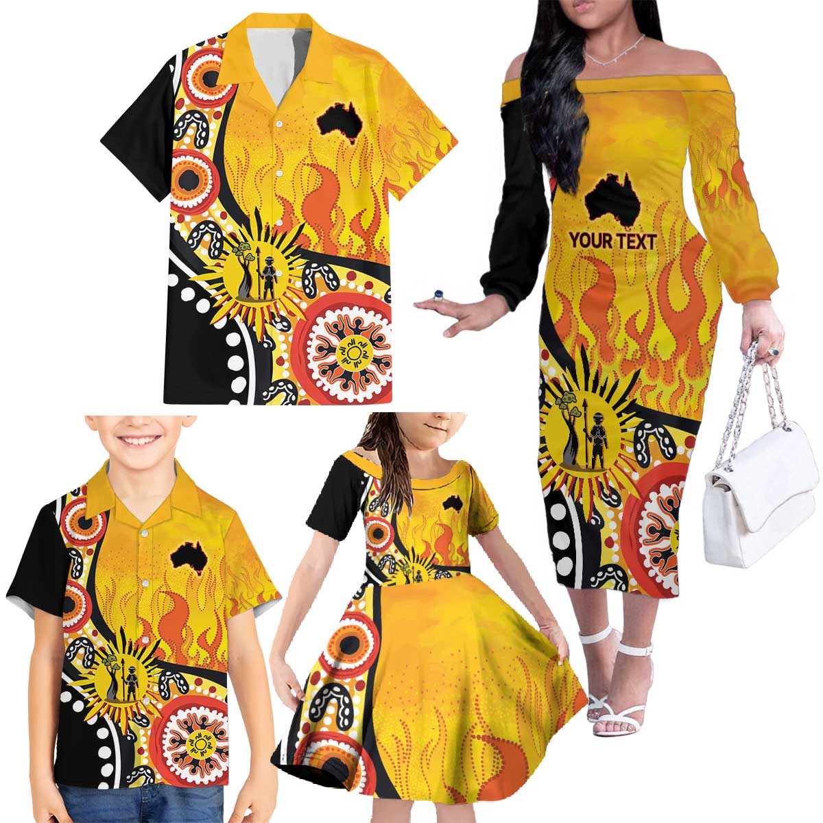 Australia Bushfire Aboriginal Personalised Family Matching Off The Shoulder Long Sleeve Dress and Hawaiian Shirt Bush Fire Dreaming - Aussie Hoodie