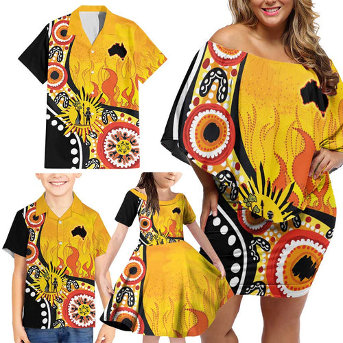 Australia Bushfire Aboriginal Personalised Family Matching Off Shoulder Short Dress and Hawaiian Shirt Bush Fire Dreaming - Aussie Hoodie