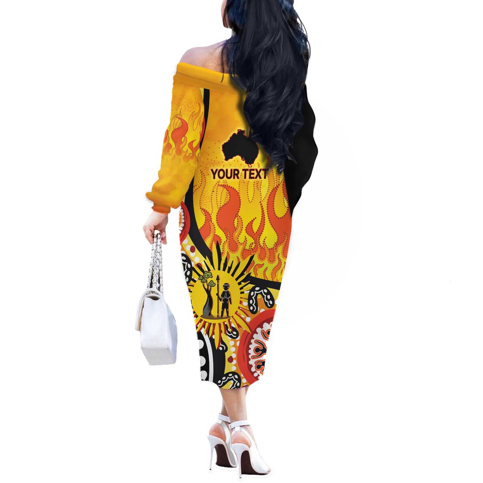 Australia Bushfire Aboriginal Personalised Off The Shoulder Long Sleeve Dress Bush Fire Dreaming - Aussie Hoodie