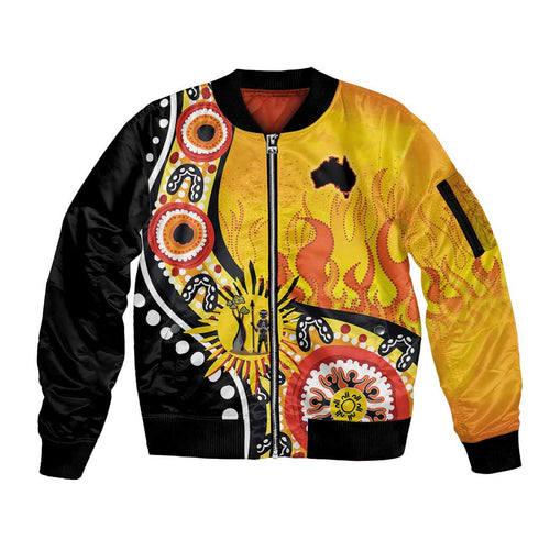 Australia Bushfire Aboriginal Personalised Sleeve Zip Bomber Jacket Bush Fire Dreaming - Aussie Hoodie