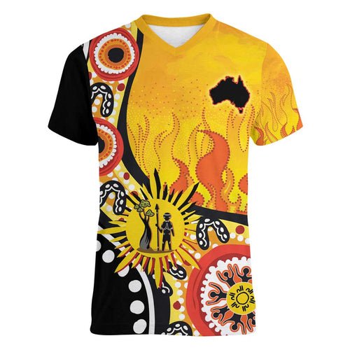 Australia Bushfire Aboriginal Personalised Women V-Neck T-Shirt Bush Fire Dreaming - Aussie Hoodie