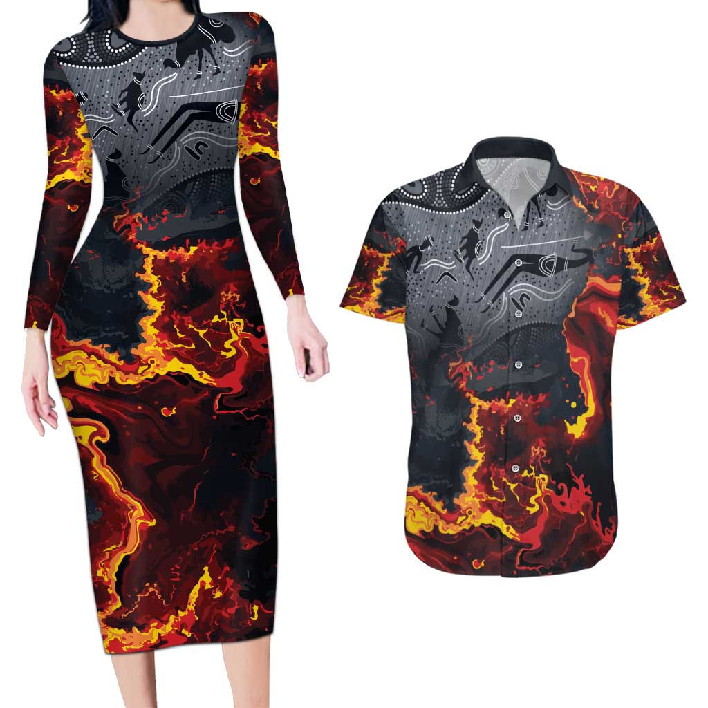 Australia Bushfire Aboriginal Personalised Couples Matching Long Sleeve Bodycon Dress and Hawaiian Shirt Fire Dreaming Healing Country - Aussie Hoodie