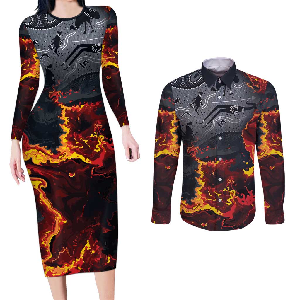 Australia Bushfire Aboriginal Personalised Couples Matching Long Sleeve Bodycon Dress and Long Sleeve Button Shirt Fire Dreaming Healing Country - Aussie Hoodie