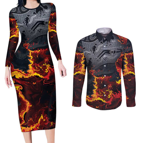 Australia Bushfire Aboriginal Personalised Couples Matching Long Sleeve Bodycon Dress and Long Sleeve Button Shirt Fire Dreaming Healing Country - Aussie Hoodie