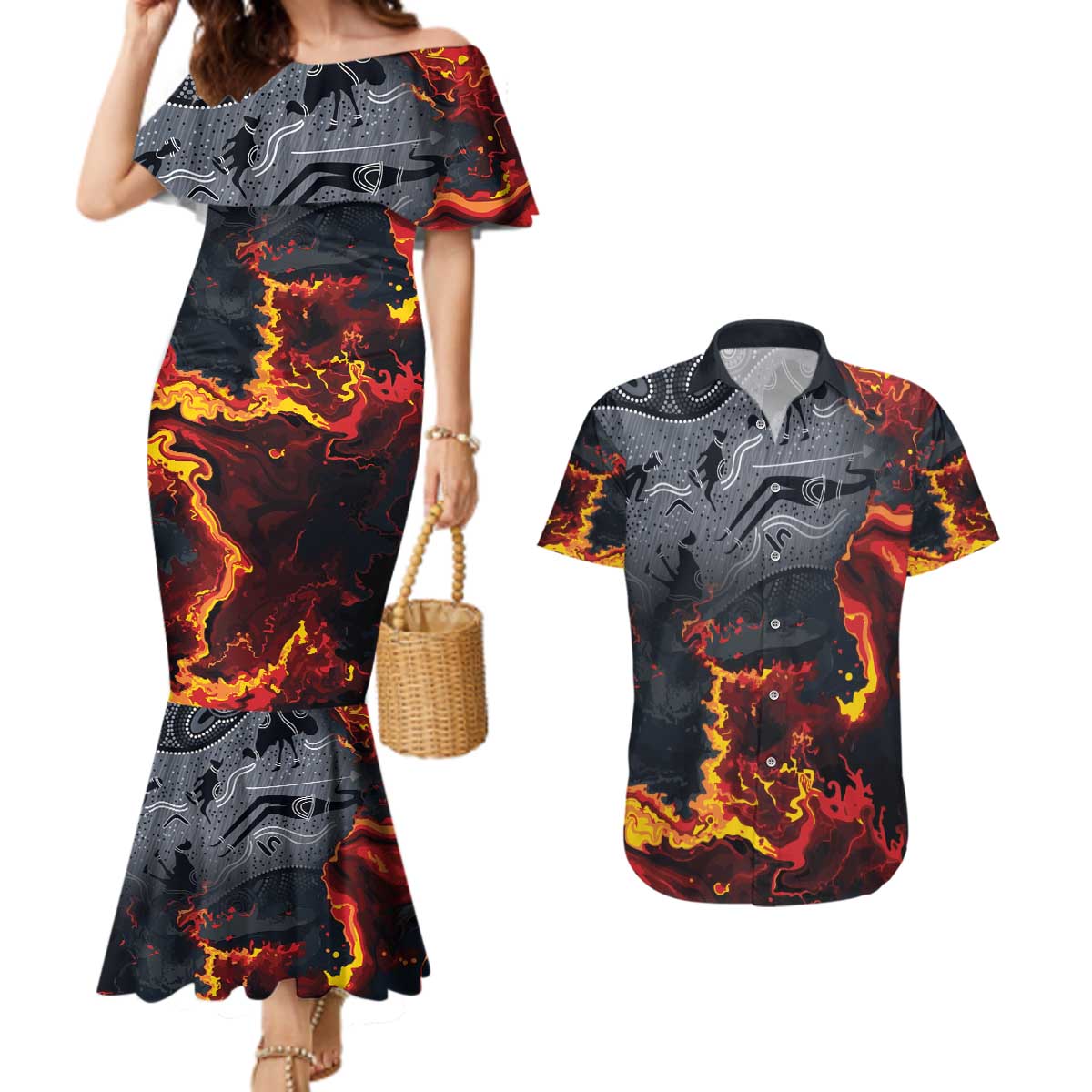 Australia Bushfire Aboriginal Personalised Couples Matching Mermaid Dress and Hawaiian Shirt Fire Dreaming Healing Country - Aussie Hoodie