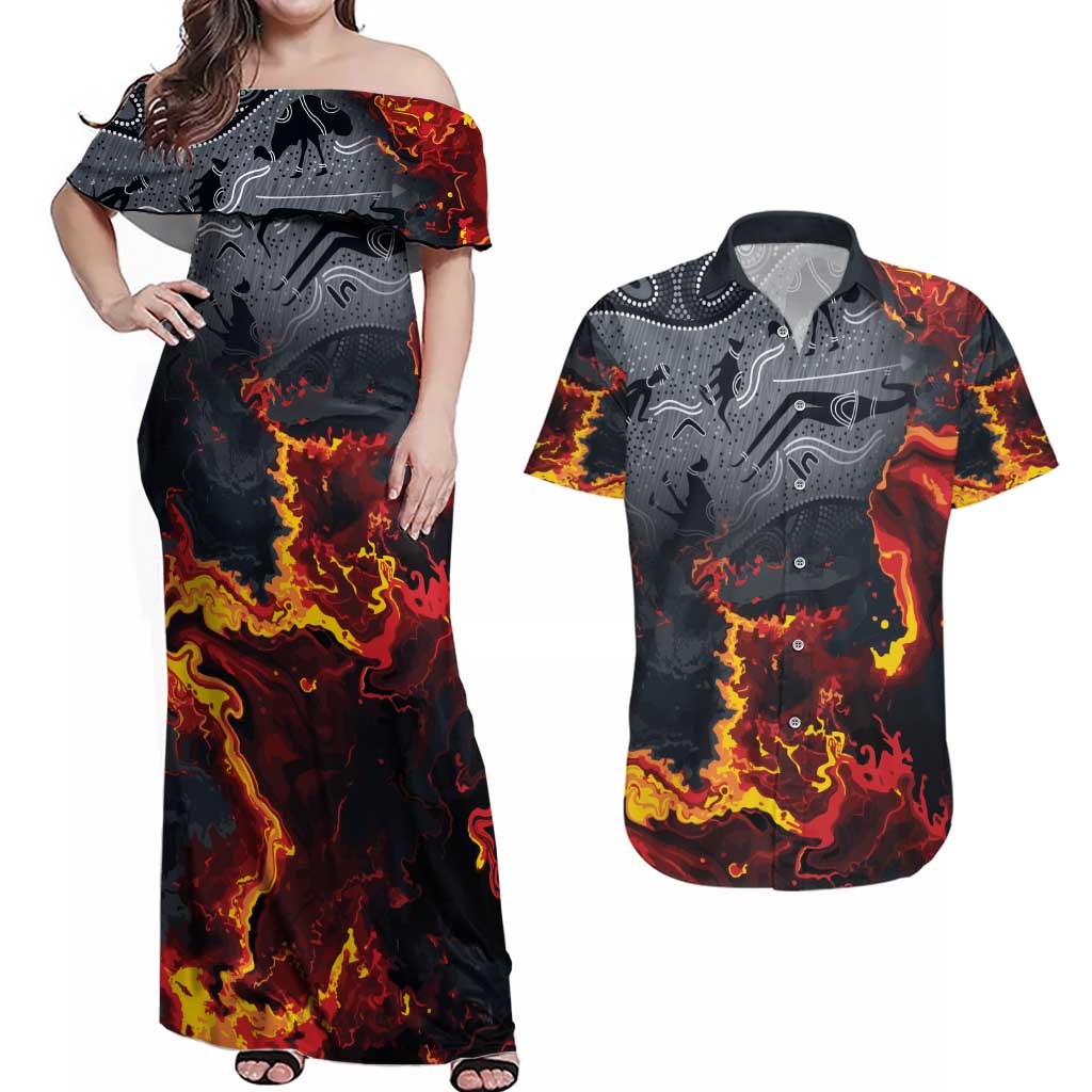 Australia Bushfire Aboriginal Personalised Couples Matching Off Shoulder Maxi Dress and Hawaiian Shirt Fire Dreaming Healing Country - Aussie Hoodie
