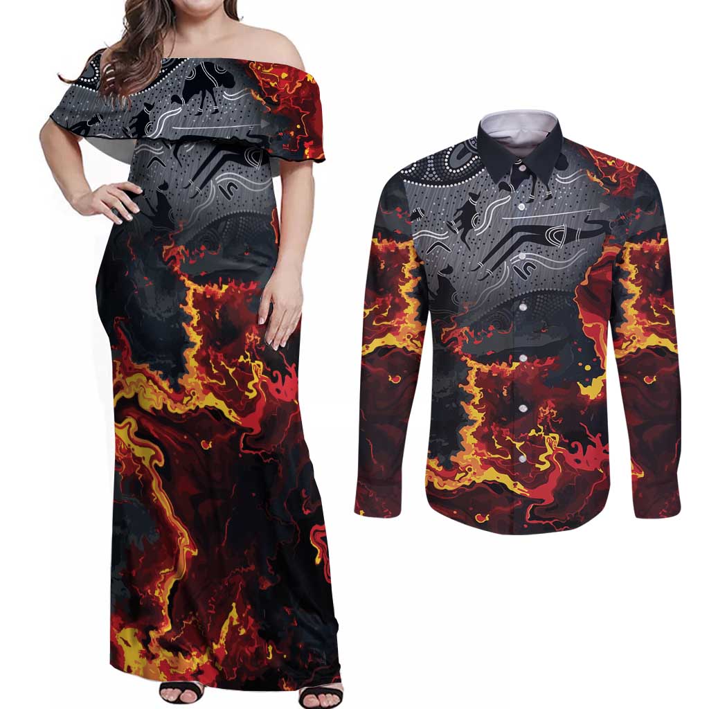 Australia Bushfire Aboriginal Personalised Couples Matching Off Shoulder Maxi Dress and Long Sleeve Button Shirt Fire Dreaming Healing Country - Aussie Hoodie