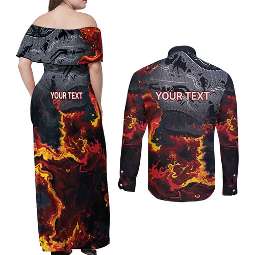 Australia Bushfire Aboriginal Personalised Couples Matching Off Shoulder Maxi Dress and Long Sleeve Button Shirt Fire Dreaming Healing Country - Aussie Hoodie