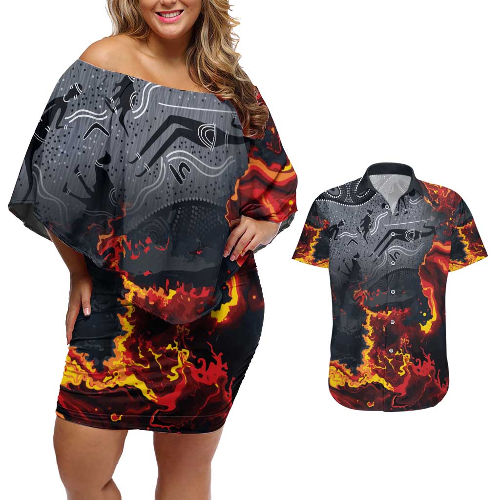 Australia Bushfire Aboriginal Personalised Couples Matching Off Shoulder Short Dress and Hawaiian Shirt Fire Dreaming Healing Country - Aussie Hoodie