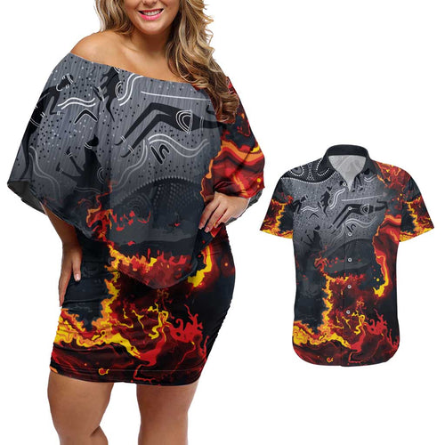 Australia Bushfire Aboriginal Personalised Couples Matching Off Shoulder Short Dress and Hawaiian Shirt Fire Dreaming Healing Country - Aussie Hoodie