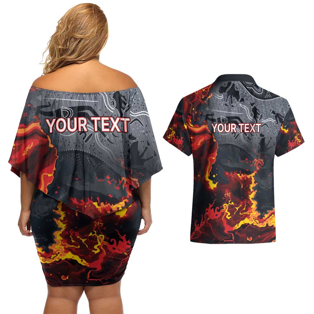 Australia Bushfire Aboriginal Personalised Couples Matching Off Shoulder Short Dress and Hawaiian Shirt Fire Dreaming Healing Country - Aussie Hoodie