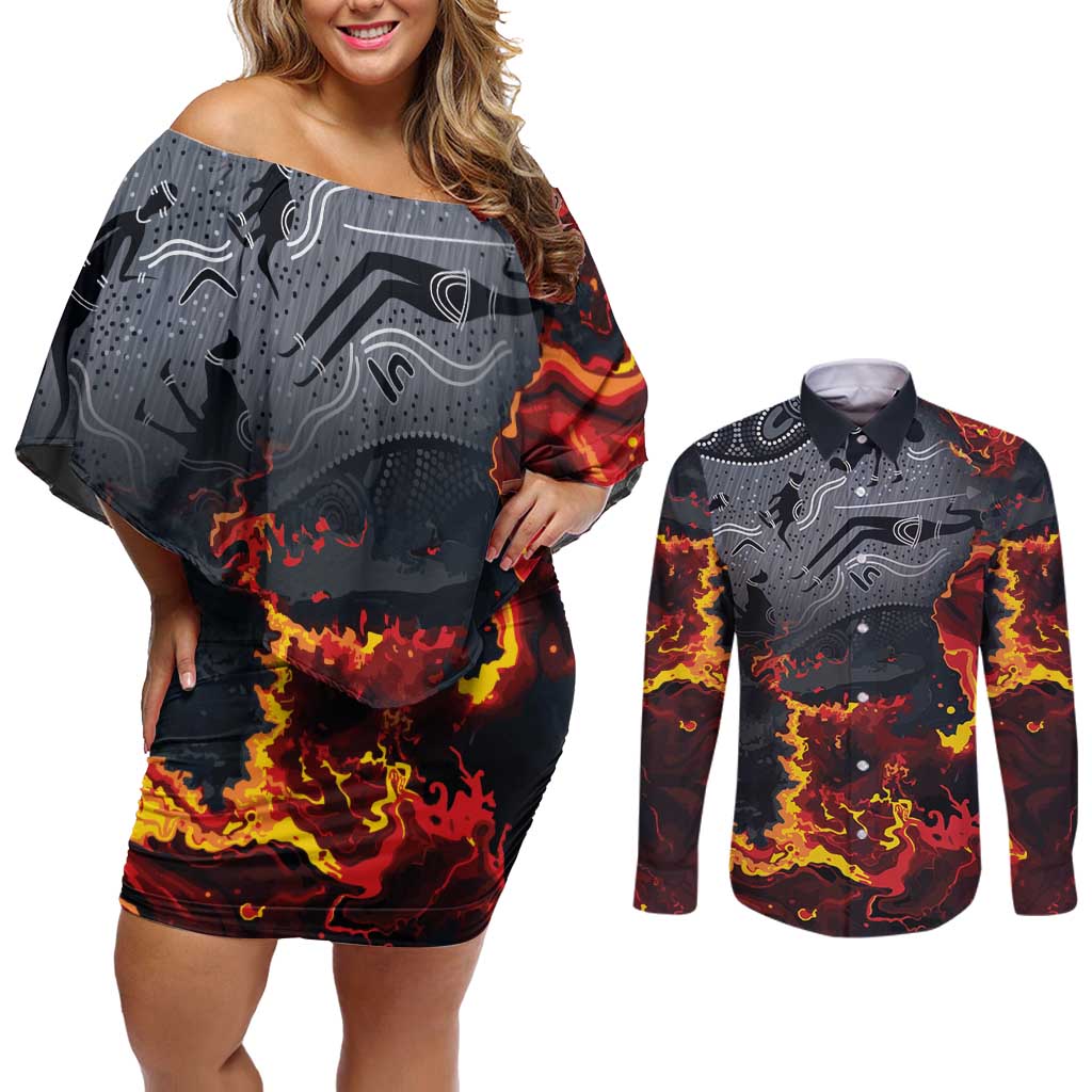 Australia Bushfire Aboriginal Personalised Couples Matching Off Shoulder Short Dress and Long Sleeve Button Shirt Fire Dreaming Healing Country - Aussie Hoodie