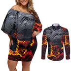 Australia Bushfire Aboriginal Personalised Couples Matching Off Shoulder Short Dress and Long Sleeve Button Shirt Fire Dreaming Healing Country - Aussie Hoodie