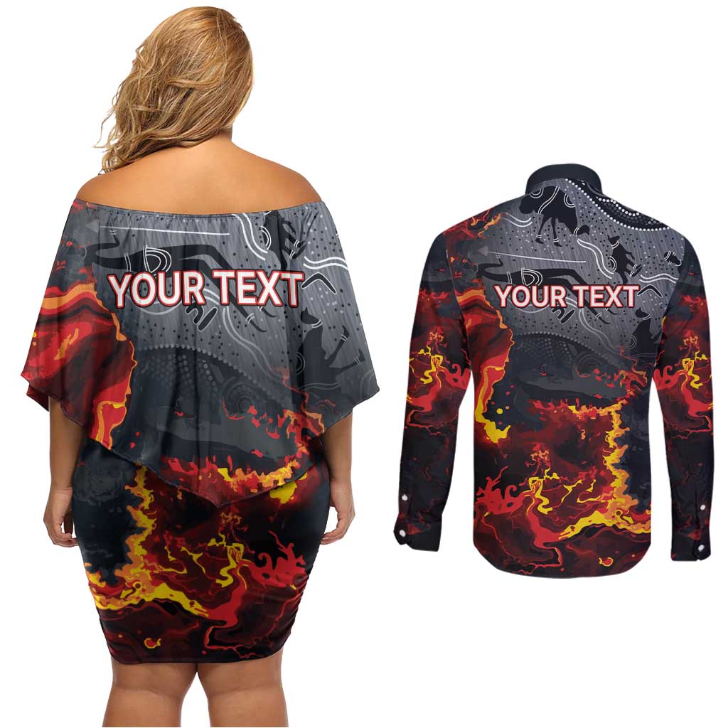 Australia Bushfire Aboriginal Personalised Couples Matching Off Shoulder Short Dress and Long Sleeve Button Shirt Fire Dreaming Healing Country - Aussie Hoodie
