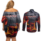 Australia Bushfire Aboriginal Personalised Couples Matching Off Shoulder Short Dress and Long Sleeve Button Shirt Fire Dreaming Healing Country - Aussie Hoodie