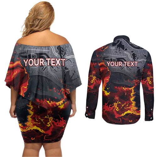 Australia Bushfire Aboriginal Personalised Couples Matching Off Shoulder Short Dress and Long Sleeve Button Shirt Fire Dreaming Healing Country - Aussie Hoodie
