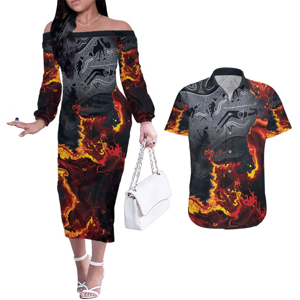 Australia Bushfire Aboriginal Personalised Couples Matching Off The Shoulder Long Sleeve Dress and Hawaiian Shirt Fire Dreaming Healing Country - Aussie Hoodie