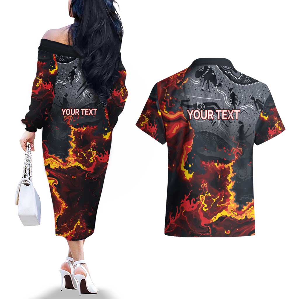 Australia Bushfire Aboriginal Personalised Couples Matching Off The Shoulder Long Sleeve Dress and Hawaiian Shirt Fire Dreaming Healing Country - Aussie Hoodie
