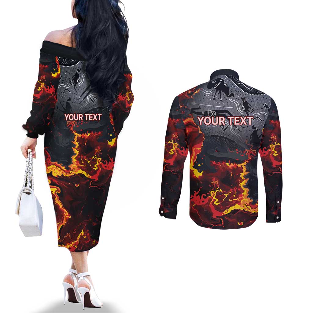 Australia Bushfire Aboriginal Personalised Couples Matching Off The Shoulder Long Sleeve Dress and Long Sleeve Button Shirt Fire Dreaming Healing Country - Aussie Hoodie