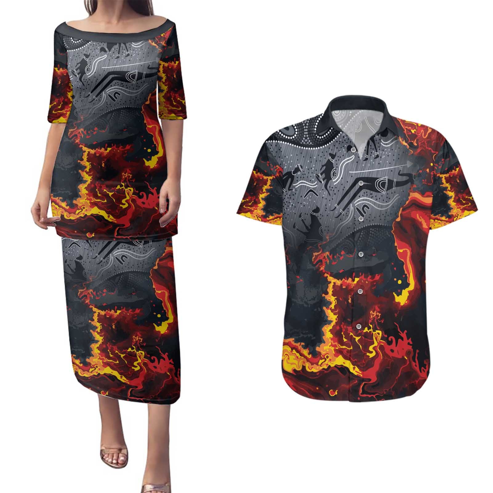 Australia Bushfire Aboriginal Personalised Couples Matching Puletasi and Hawaiian Shirt Fire Dreaming Healing Country - Aussie Hoodie