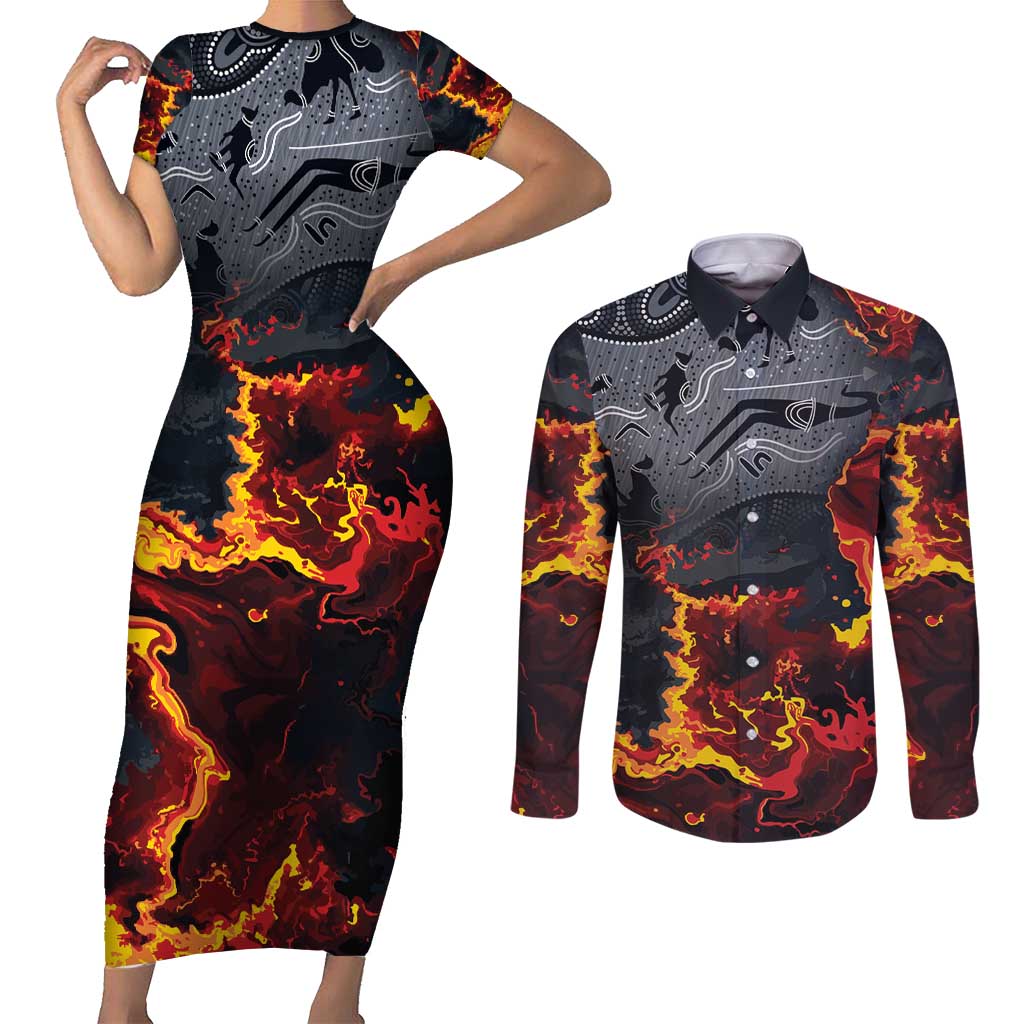 Australia Bushfire Aboriginal Personalised Couples Matching Short Sleeve Bodycon Dress and Long Sleeve Button Shirt Fire Dreaming Healing Country - Aussie Hoodie