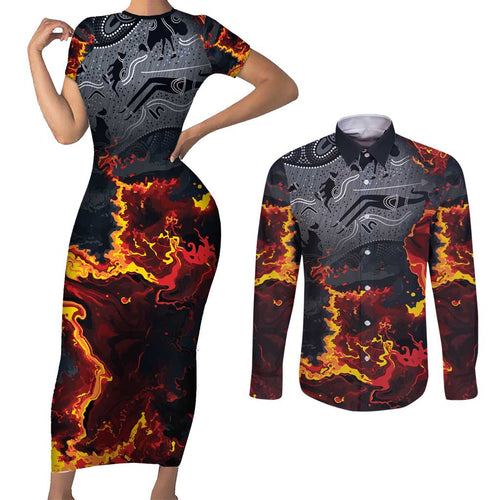 Australia Bushfire Aboriginal Personalised Couples Matching Short Sleeve Bodycon Dress and Long Sleeve Button Shirt Fire Dreaming Healing Country - Aussie Hoodie