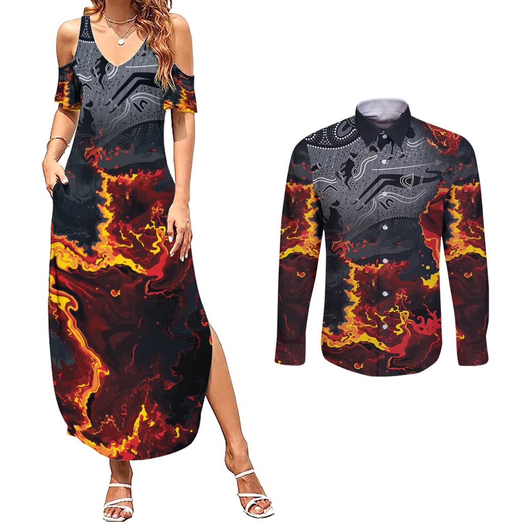 Australia Bushfire Aboriginal Personalised Couples Matching Summer Maxi Dress and Long Sleeve Button Shirt Fire Dreaming Healing Country - Aussie Hoodie