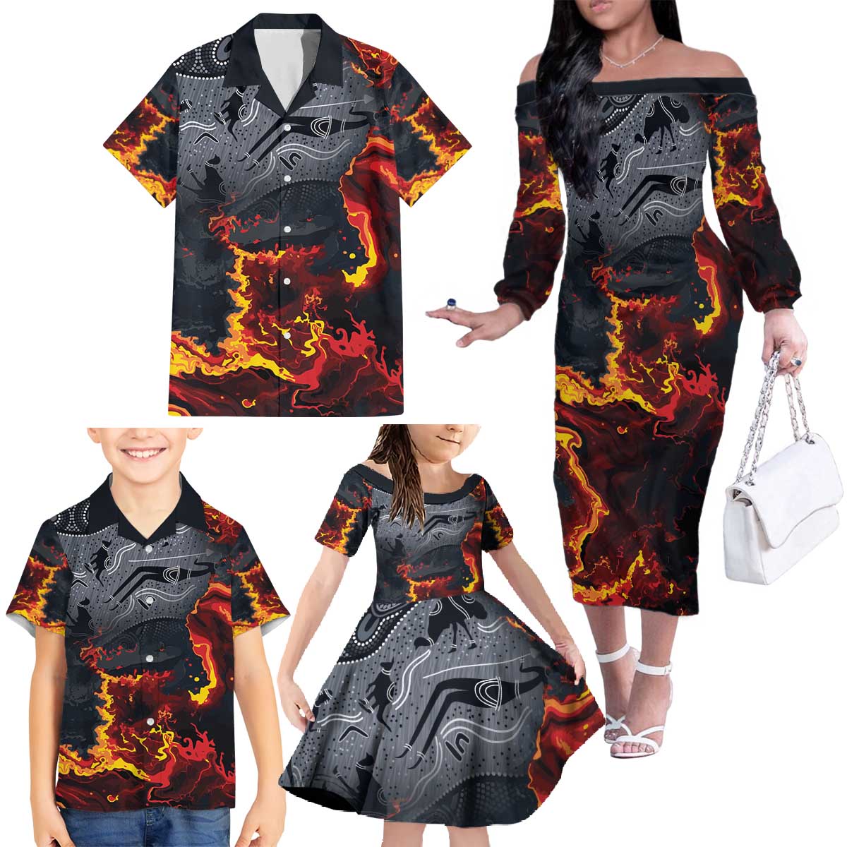 Australia Bushfire Aboriginal Personalised Family Matching Off The Shoulder Long Sleeve Dress and Hawaiian Shirt Fire Dreaming Healing Country - Aussie Hoodie