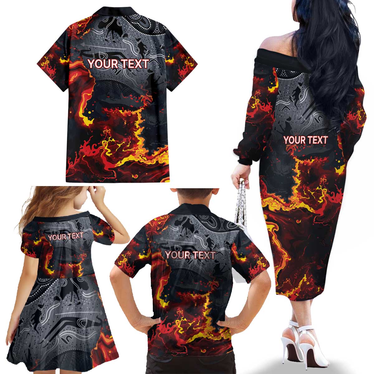 Australia Bushfire Aboriginal Personalised Family Matching Off The Shoulder Long Sleeve Dress and Hawaiian Shirt Fire Dreaming Healing Country - Aussie Hoodie