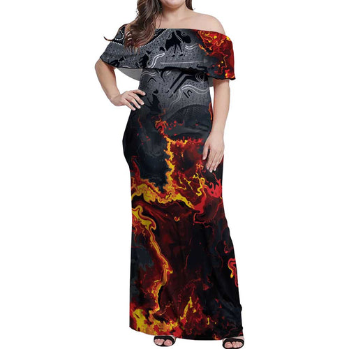 Australia Bushfire Aboriginal Personalised Off Shoulder Maxi Dress Fire Dreaming Healing Country - Aussie Hoodie
