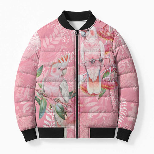 Personalised Galah Cockatoo Eucalyptus Flowers Bomber Puffer Jacket Australian Breast Cancer Spirit - Aussie Hoodie