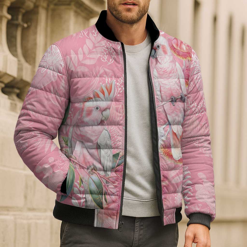 Personalised Galah Cockatoo Eucalyptus Flowers Bomber Puffer Jacket Australian Breast Cancer Spirit - Aussie Hoodie