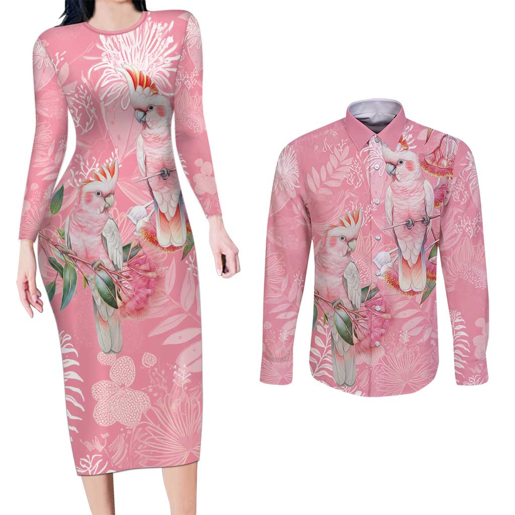 Personalised Galah Cockatoo Eucalyptus Flowers Couples Matching Long Sleeve Bodycon Dress and Long Sleeve Button Shirt Australian Breast Cancer Spirit - Aussie Hoodie