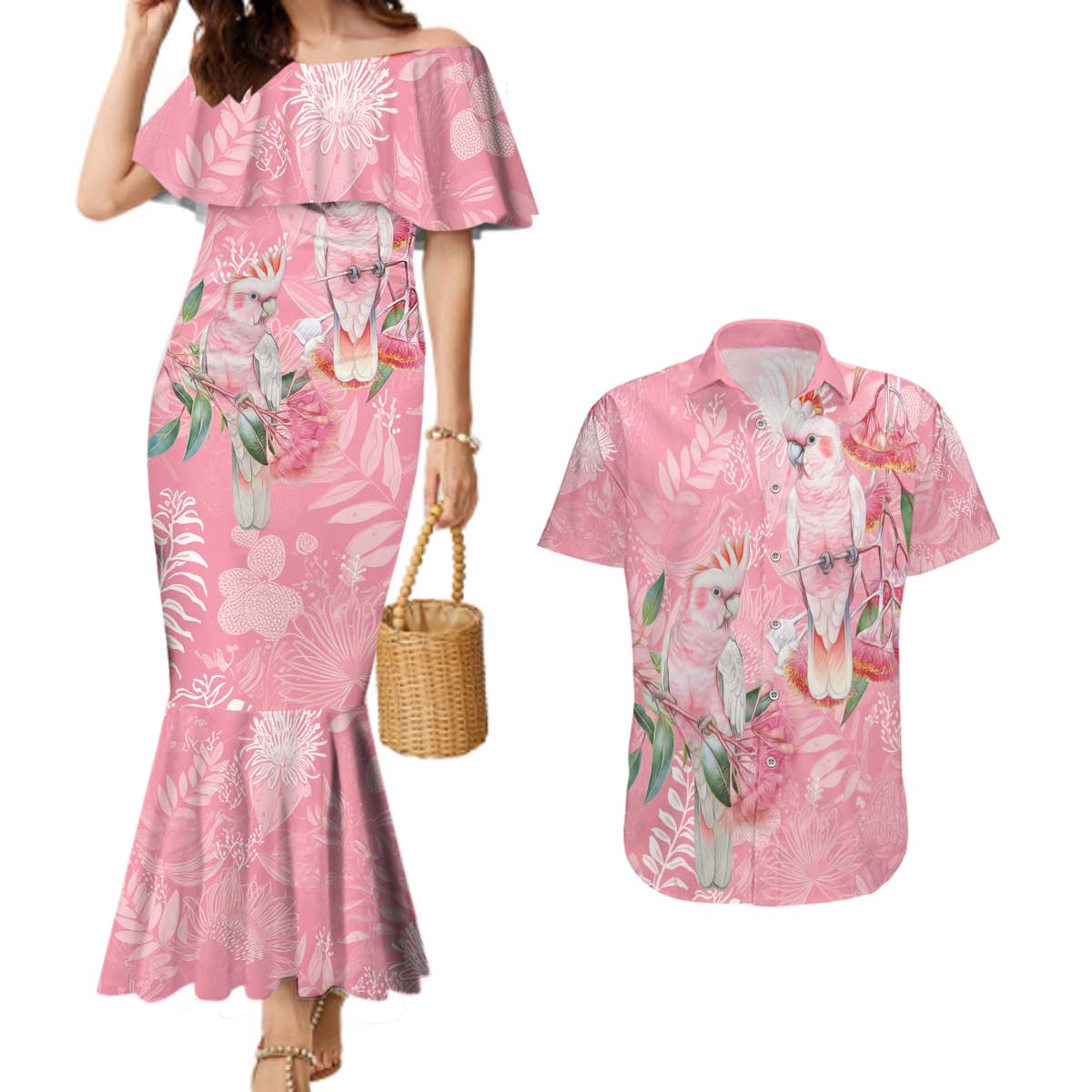 Personalised Galah Cockatoo Eucalyptus Flowers Couples Matching Mermaid Dress and Hawaiian Shirt Australian Breast Cancer Spirit - Aussie Hoodie
