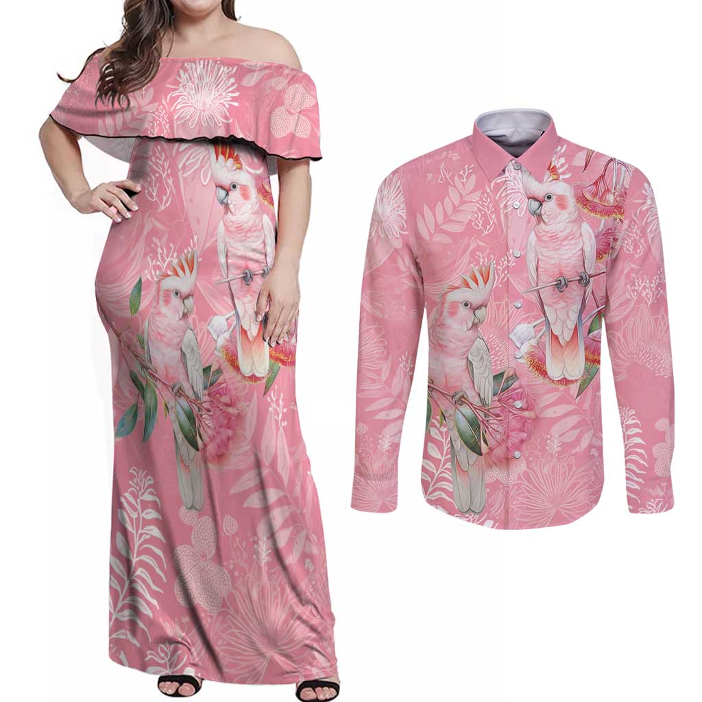Personalised Galah Cockatoo Eucalyptus Flowers Couples Matching Off Shoulder Maxi Dress and Long Sleeve Button Shirt Australian Breast Cancer Spirit - Aussie Hoodie