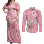 Personalised Galah Cockatoo Eucalyptus Flowers Couples Matching Off Shoulder Maxi Dress and Long Sleeve Button Shirt Australian Breast Cancer Spirit - Aussie Hoodie