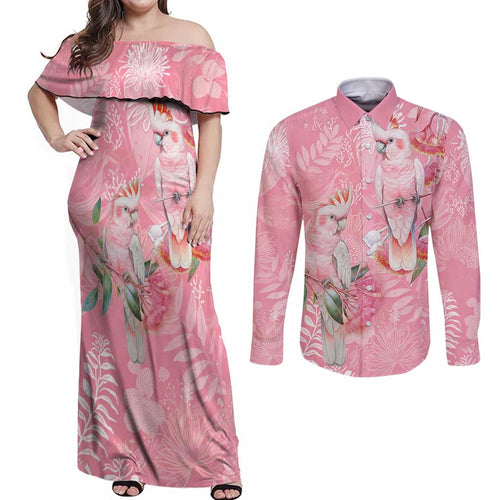 Personalised Galah Cockatoo Eucalyptus Flowers Couples Matching Off Shoulder Maxi Dress and Long Sleeve Button Shirt Australian Breast Cancer Spirit - Aussie Hoodie