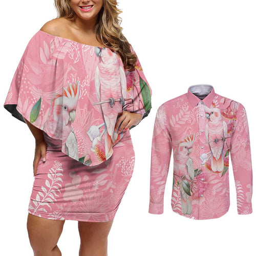 Personalised Galah Cockatoo Eucalyptus Flowers Couples Matching Off Shoulder Short Dress and Long Sleeve Button Shirt Australian Breast Cancer Spirit - Aussie Hoodie