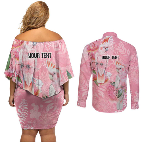 Personalised Galah Cockatoo Eucalyptus Flowers Couples Matching Off Shoulder Short Dress and Long Sleeve Button Shirt Australian Breast Cancer Spirit - Aussie Hoodie
