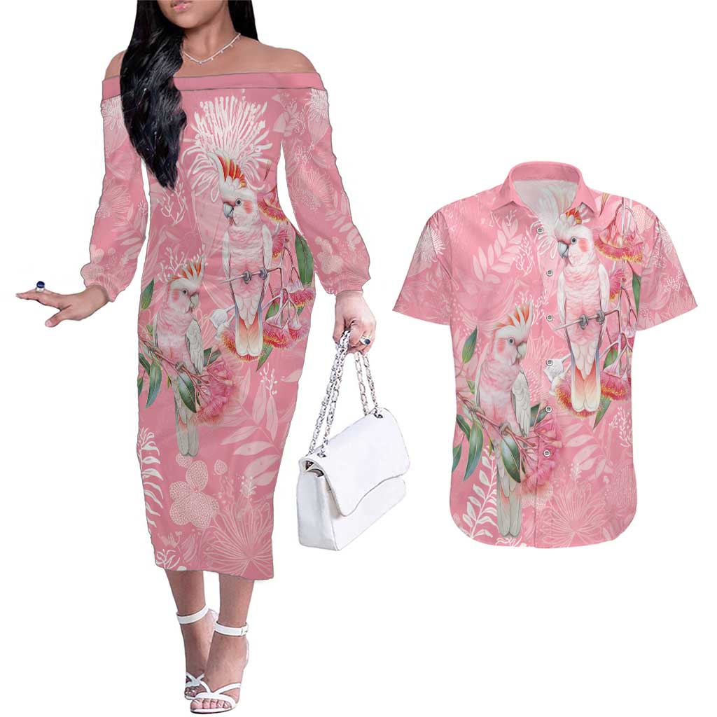 Personalised Galah Cockatoo Eucalyptus Flowers Couples Matching Off The Shoulder Long Sleeve Dress and Hawaiian Shirt Australian Breast Cancer Spirit - Aussie Hoodie