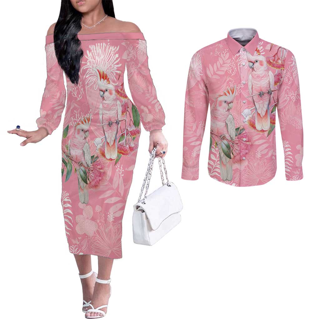 Personalised Galah Cockatoo Eucalyptus Flowers Couples Matching Off The Shoulder Long Sleeve Dress and Long Sleeve Button Shirt Australian Breast Cancer Spirit - Aussie Hoodie