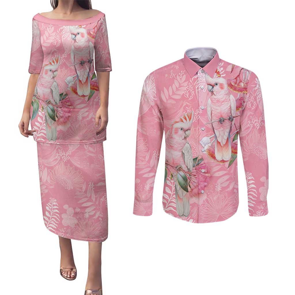 Personalised Galah Cockatoo Eucalyptus Flowers Couples Matching Puletasi and Long Sleeve Button Shirt Australian Breast Cancer Spirit - Aussie Hoodie