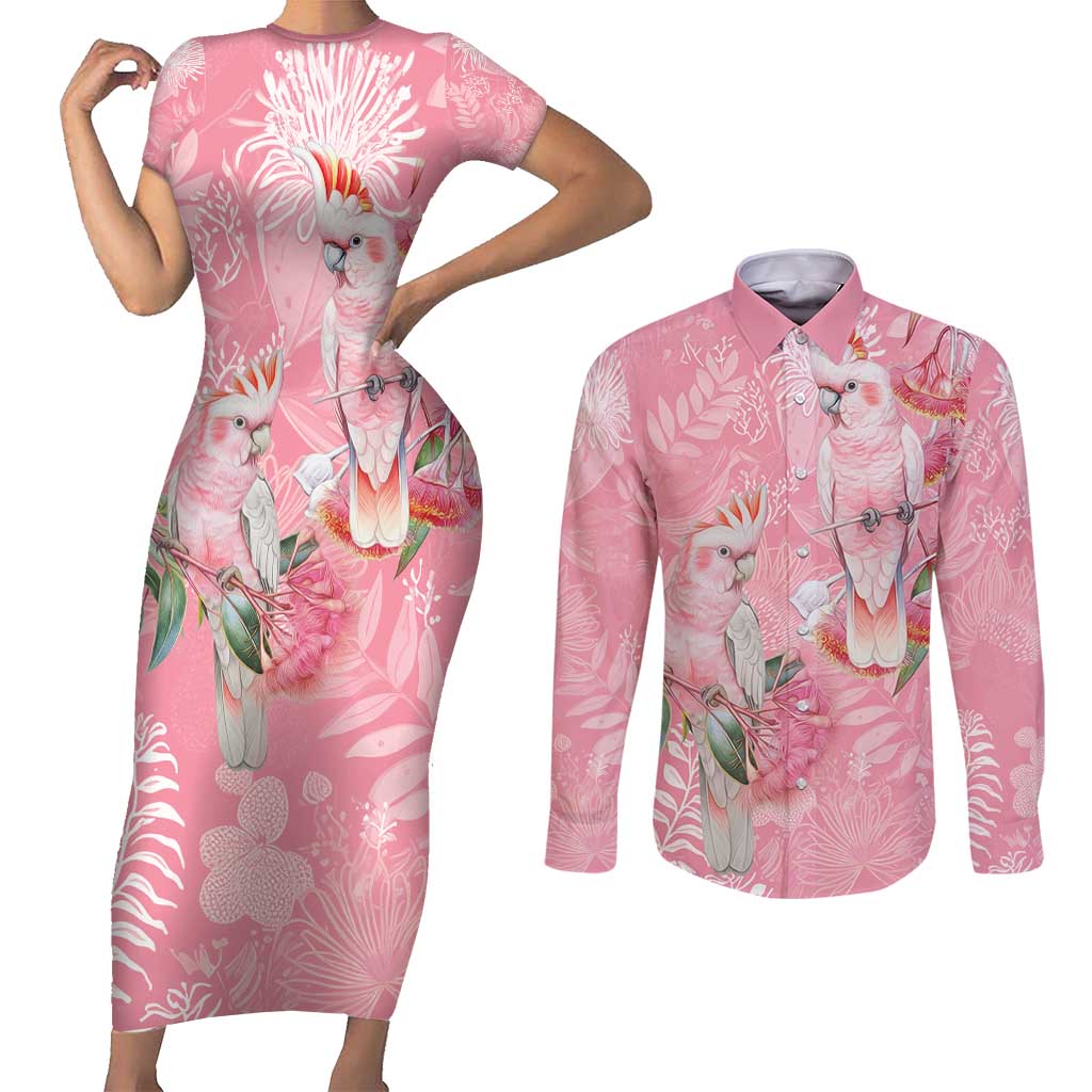 Personalised Galah Cockatoo Eucalyptus Flowers Couples Matching Short Sleeve Bodycon Dress and Long Sleeve Button Shirt Australian Breast Cancer Spirit - Aussie Hoodie