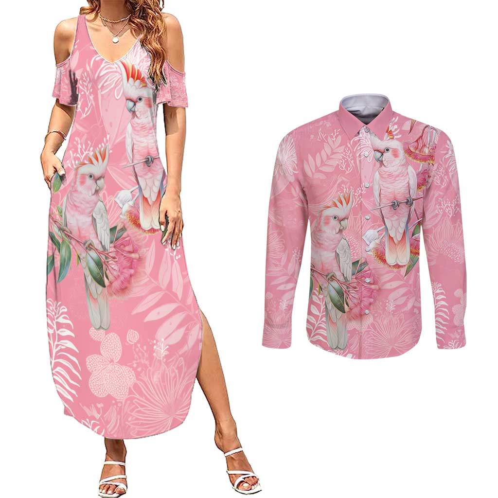 Personalised Galah Cockatoo Eucalyptus Flowers Couples Matching Summer Maxi Dress and Long Sleeve Button Shirt Australian Breast Cancer Spirit - Aussie Hoodie