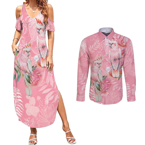 Personalised Galah Cockatoo Eucalyptus Flowers Couples Matching Summer Maxi Dress and Long Sleeve Button Shirt Australian Breast Cancer Spirit - Aussie Hoodie