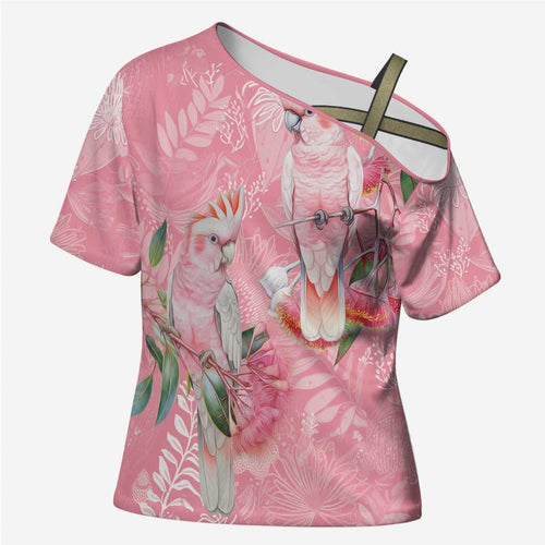 Personalised Galah Cockatoo Eucalyptus Flowers Cross Shoulder Shirt Australian Breast Cancer Spirit - Aussie Hoodie