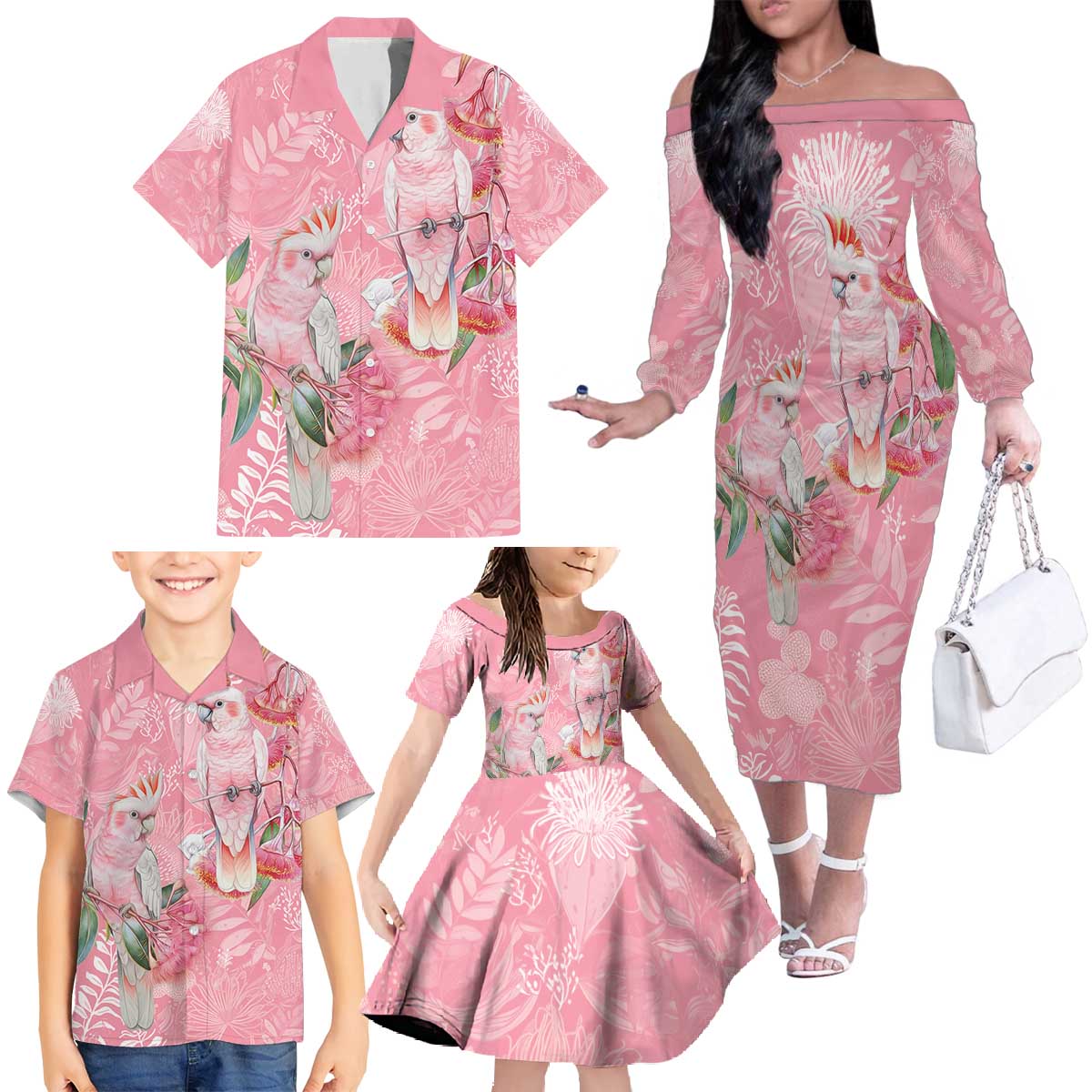 Personalised Galah Cockatoo Eucalyptus Flowers Family Matching Off The Shoulder Long Sleeve Dress and Hawaiian Shirt Australian Breast Cancer Spirit - Aussie Hoodie