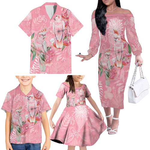 Personalised Galah Cockatoo Eucalyptus Flowers Family Matching Off The Shoulder Long Sleeve Dress and Hawaiian Shirt Australian Breast Cancer Spirit - Aussie Hoodie
